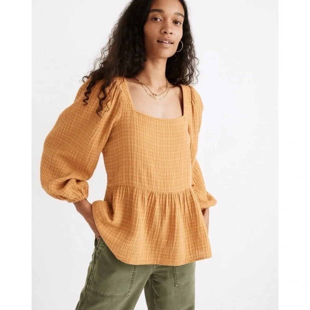 Madewell Blouse Lightspun Millbrook Puff-Sleeve Peplum Top in Windowpane XS